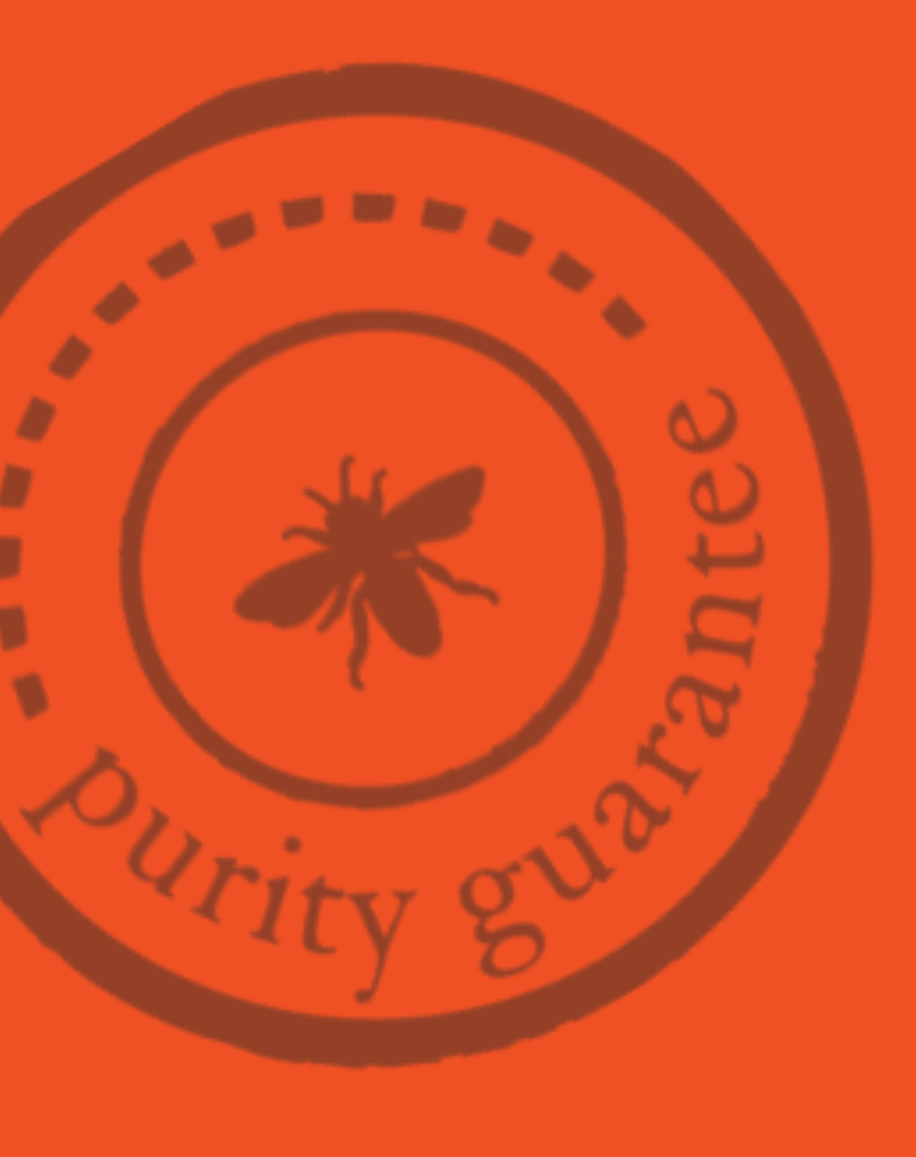 Nate’s purity guarantee seal with bee icon on
 orange background.