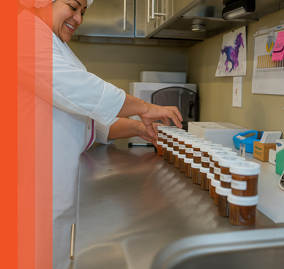 Lab worker organizing jars of honey.